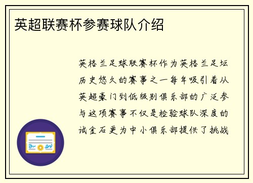英超联赛杯参赛球队介绍